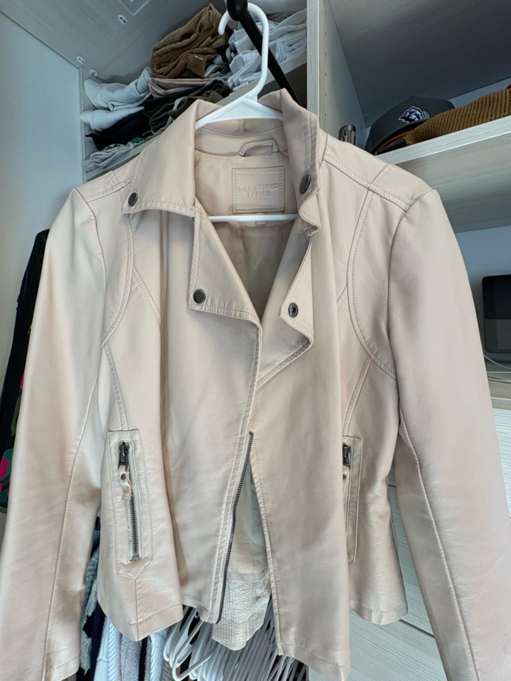Max Studio Cream Leather Moto Jacket
